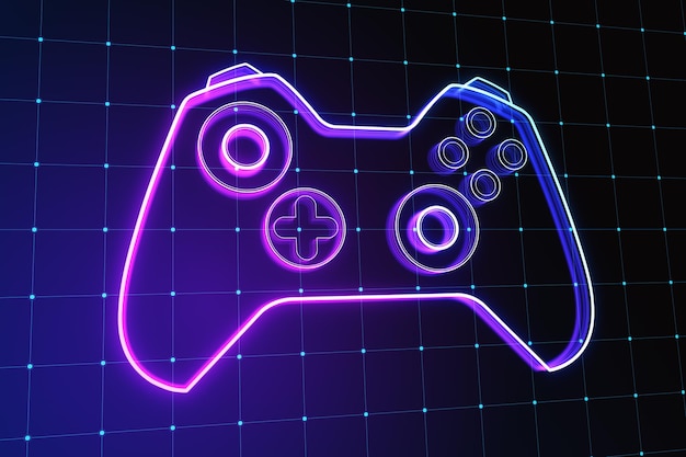 Photo creative joystick or gamepad hologram on blurry purple grid background esport gaming and fun concept 3d rendering