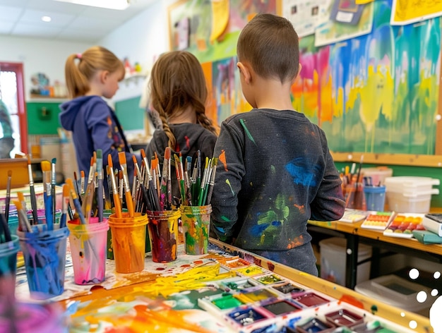 Creative kids engaged in art with colorful supplies and paints