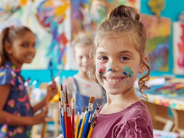 Photo creative kids with art supplies excited for fun session