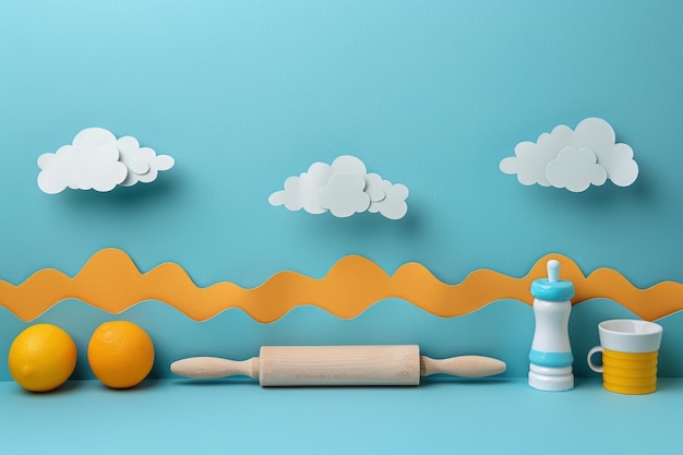 Creative Kitchen Art with Oranges Rolling Pin Salt Shaker Cup and Paper Clouds on Blue and