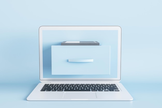 Photo creative laptop with abstract folder on screen on blue background digital transformation and archive concept 3d rendering