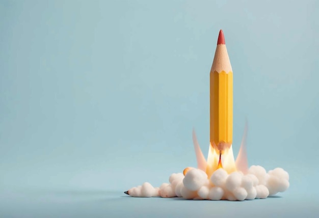 Photo creative launch concept pencil rocket taking off on blue background