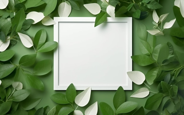 creative layout green leaves with white square frame flat lay for advertising card or invitation