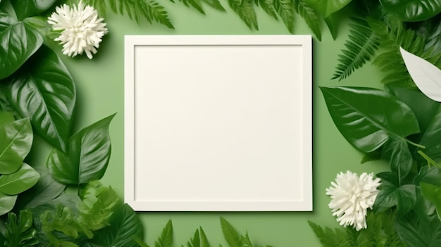 creative layout green leaves with white square frame