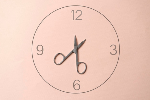 A creative layout of hour clock made of scissors on pastel background