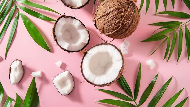 Creative layout made of coconuts and leaves Flat lay Food concept Coconut on pink ba Generative AI