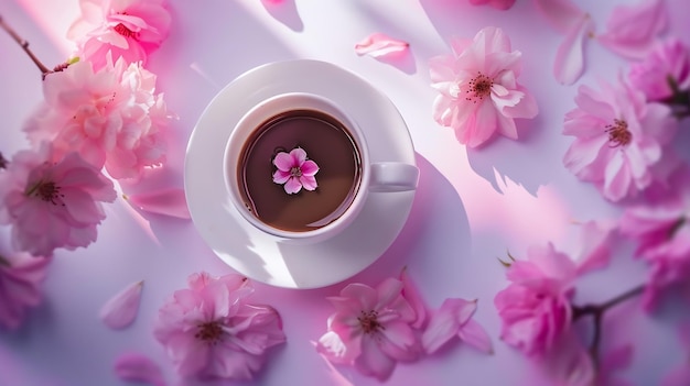 Creative layout made of coffee or tea cup with pink flowers on b Generative AI