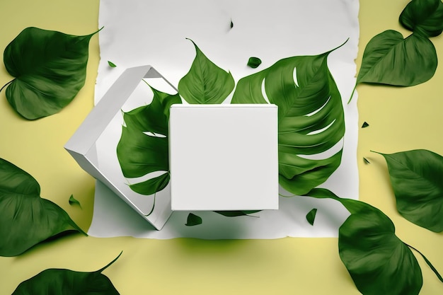 Creative layout made of eco green leaves and empty white box