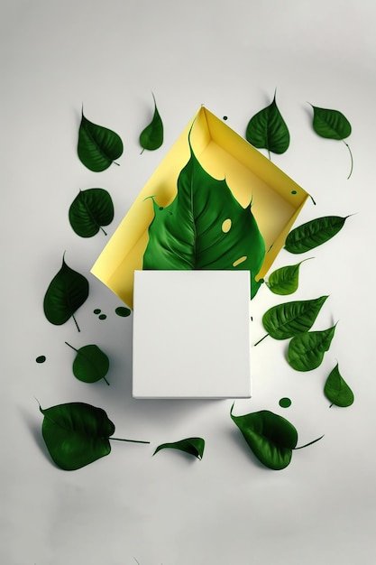 Creative layout made of eco green leaves splash and empty white box