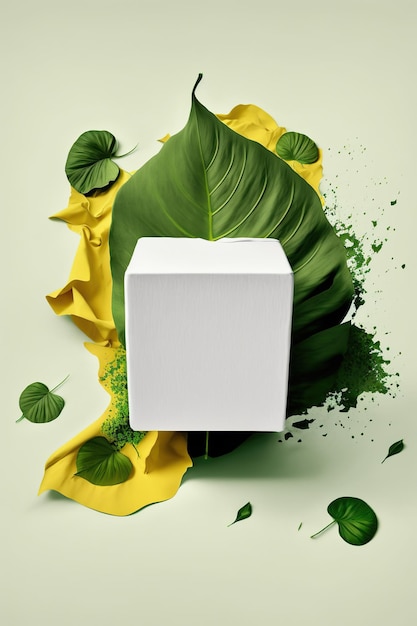 Creative layout made of eco green leaves splash and empty white box