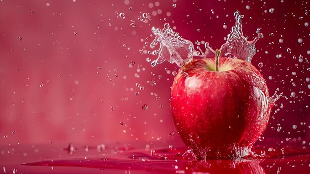 Creative layout made from Fresh Red Apple fruit and water Splashing on a red backgr Generative AI