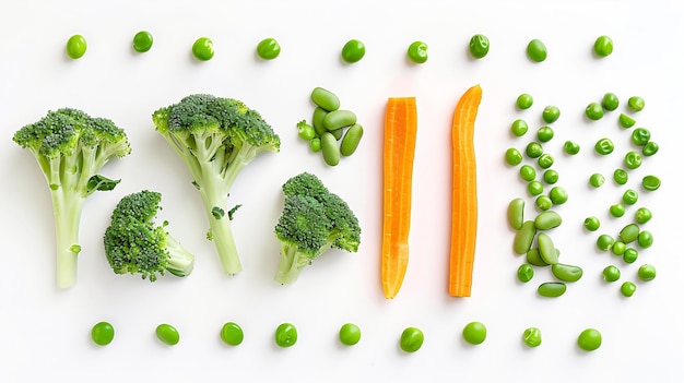 Creative layout made of green broccoli green peas and orange carrot on the white bac Generative AI