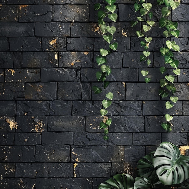 Photo creative layout made of green leaves on black brick wall background flat lay top view