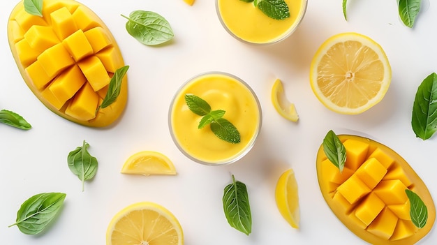 Creative layout made of mango smoothie Flat lay Food concept Mango and lemon on the Generative AI