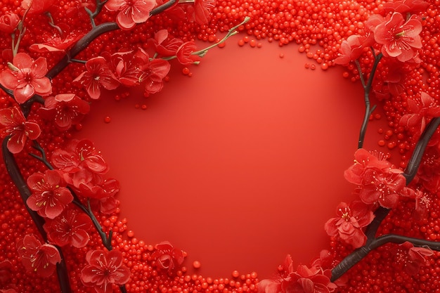 Creative layout made of red flowers and berries on a red background