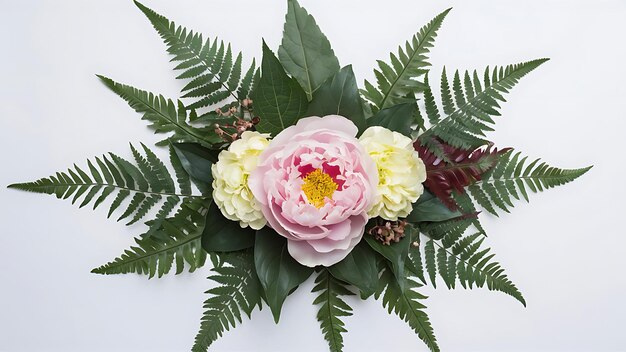 Creative layout made of spring flowers and green leaves nature background season minimal pattern peony flower begonia and dieffenbachia fern leaves on a white background