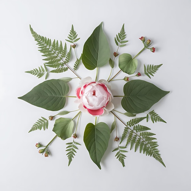 Photo creative layout made of spring flowers and green leaves nature background season minimal pattern peony flower begonia and dieffenbachia fern leaves on a white background