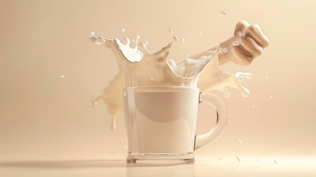 Creative layout made with glass cup of milk milk splash and milk arm muscles on ligh Generative AI