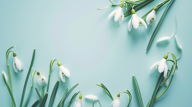 Creative layout made with snowdrop flowers on bright background with frame Spring mi Generative AI