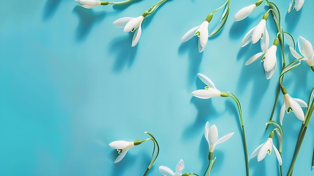 Creative layout made with snowdrop flowers on bright blue background Flat lay Sprin Generative AI