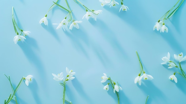 Creative layout made with snowdrop flowers on bright blue background Flat lay Sprin Generative AI