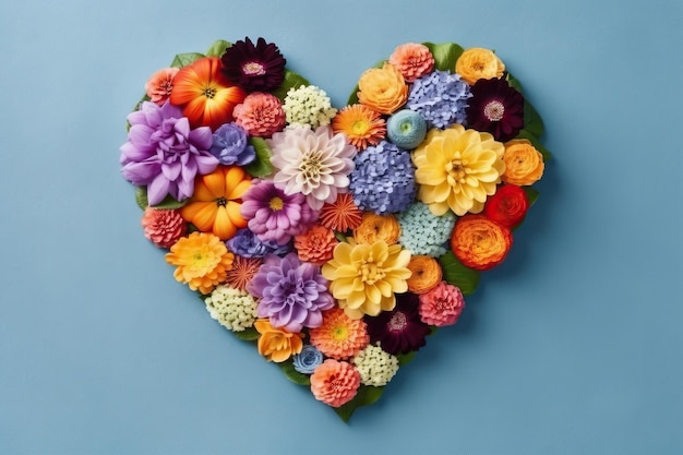 Creative layout with colorful flowers and heart flat lay blue background Generative AI