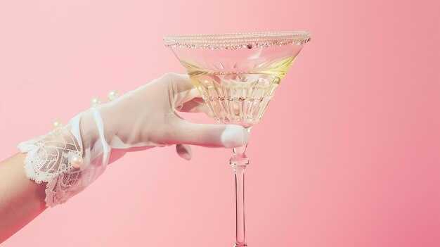 Creative layout with hand in white lace glove raeching martini cocktail glass with Generative AI