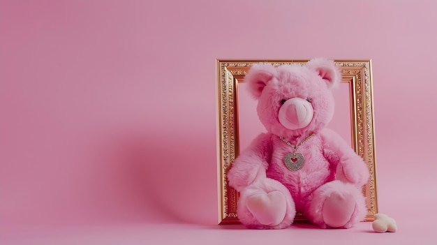 Creative layout with pink teddy bear with luxury jewelry behind vintage golden frame Generative AI