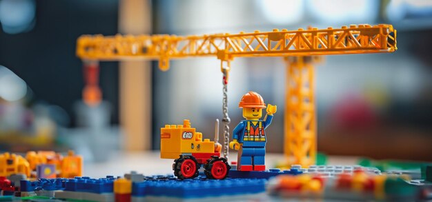 Photo creative lego construction scene featuring miniature crane and worker during daytime playtime