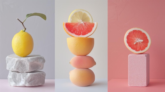 Photo creative lemon grapefruit and orange slices arranged on colorful backdrops