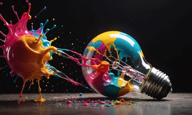 Creative light bulb explodes with colorful paint and colors New idea brainstorming concept