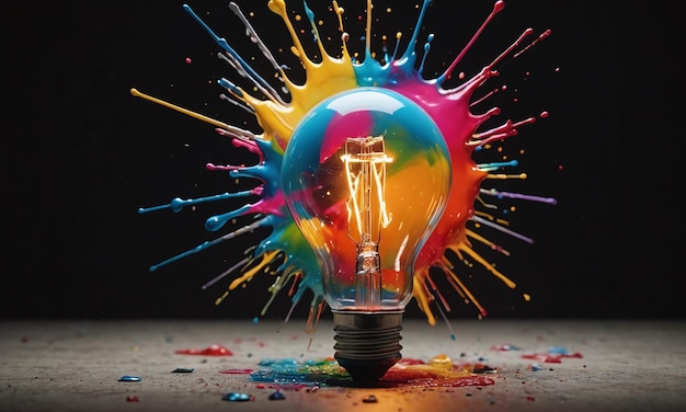 Creative light bulb explodes with colorful paint and colors New idea brainstorming concept