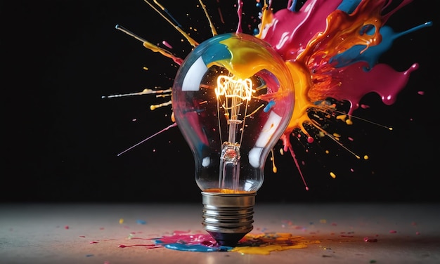 Creative light bulb explodes with colorful paint and colors New idea brainstorming concept