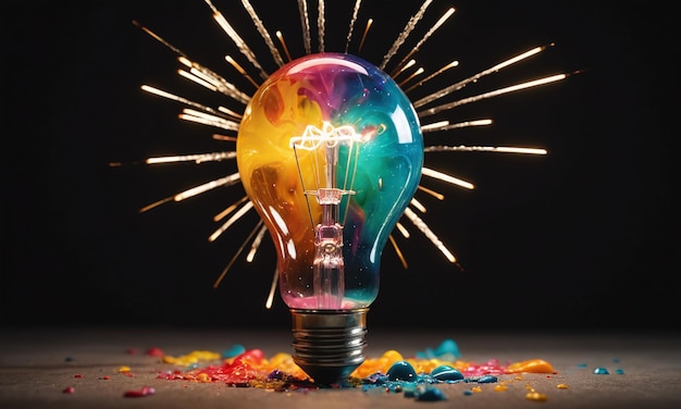 Creative light bulb explodes with colorful paint and colors New idea brainstorming concept