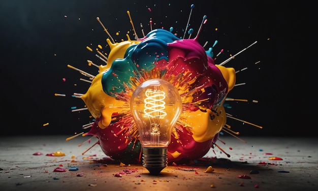 Creative light bulb explodes with colorful paint and colors New idea brainstorming concept