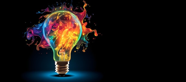 Creative light bulb explodes with colorful paint and splashes on a dark background