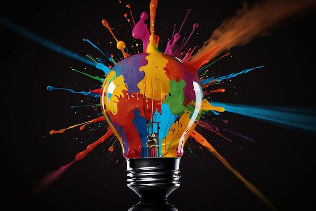 Creative light bulb explodes with colorful paint