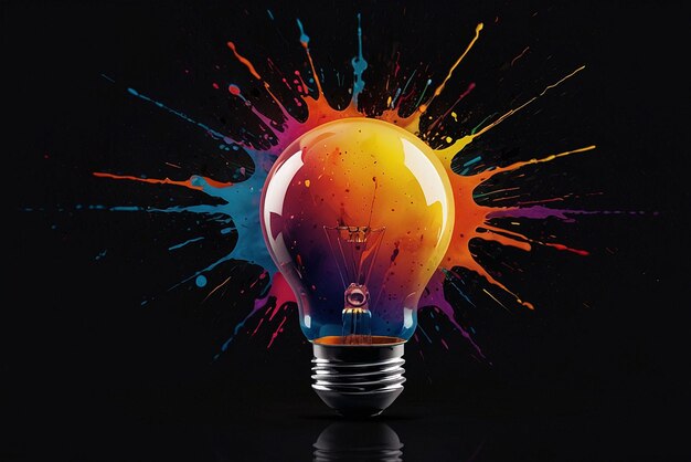 Creative light bulb explodes with colorful paint