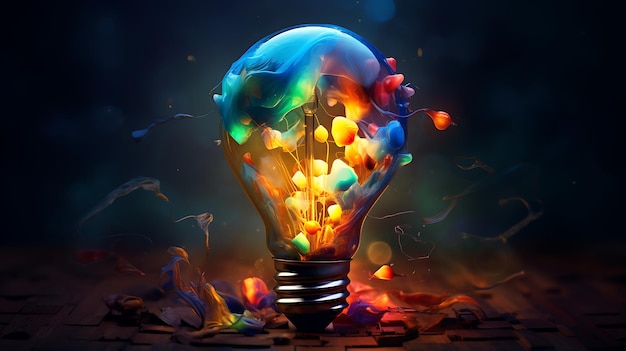 Creative light bulb explodes with colorful paint