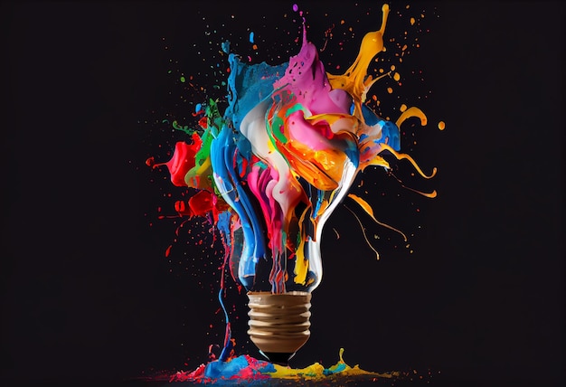 Creative light bulb explodes with splashes of multicolored paint on a dark background Generate Ai