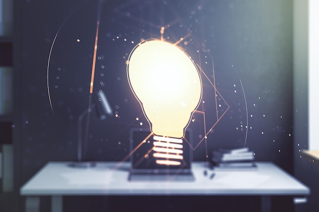 Creative light bulb illustration and modern desktop with pc on background future technology concept Multiexposure