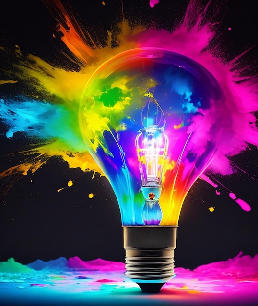 Creative light bulbs and color bursts with dark backgrounds