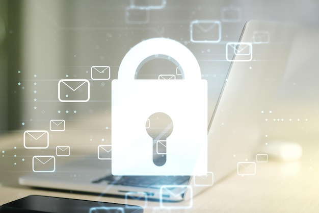 Creative light lock illustration with postal envelopes on modern computer background cyber security