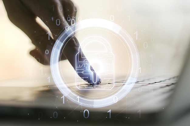 Creative lock illustration with microcircuit and hands typing on computer keyboard on background cyber security concept Multiexposure