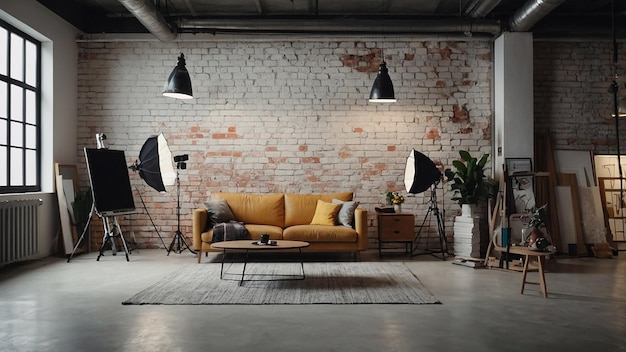 Photo creative loft workspace with brick wall and accessories on white table