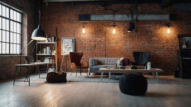 Photo creative loft workspace with brick wall and accessories on white table