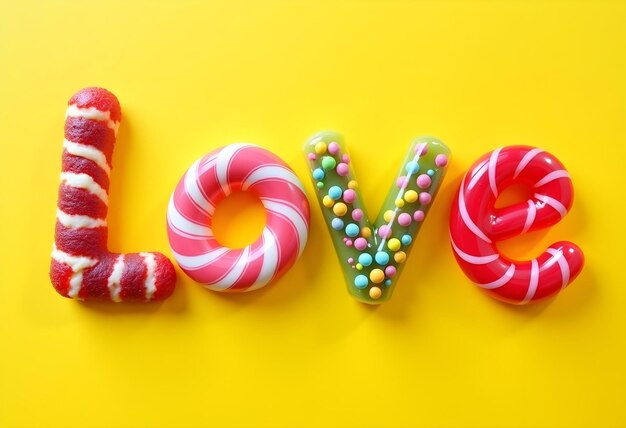 Photo creative love typography with assorted candy on a bright yellow background