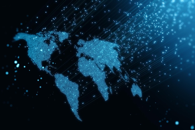 Creative map hologram on dark blurry blue background Digital globe and international communication concept 3D Rendering