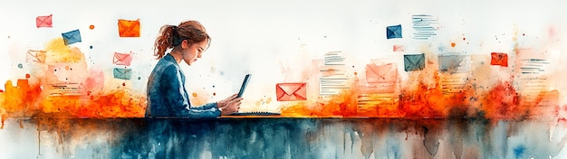 Creative Marketer Designing Vibrant Email Newsletter Elegant Watercolor Illustration with Graphics