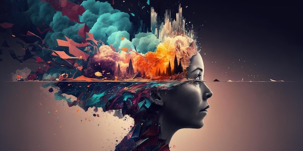 Creative mind imagination concept art exploding emotions out of head inner thought and dreams